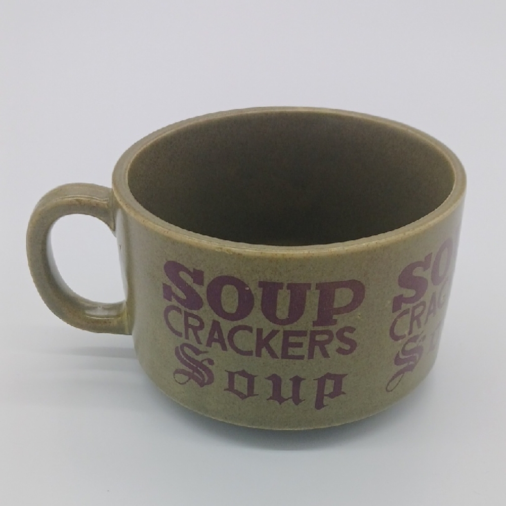 Vintage Olive Green Soup Mug With 'Soup' and 'Crackers' In Text